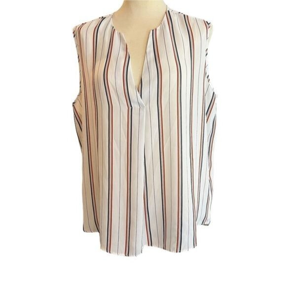 Primark Blouse Size 12 Cream Blue Brown Striped V Neck Sleeveless Womens‎ Top - Picture 1 of 8